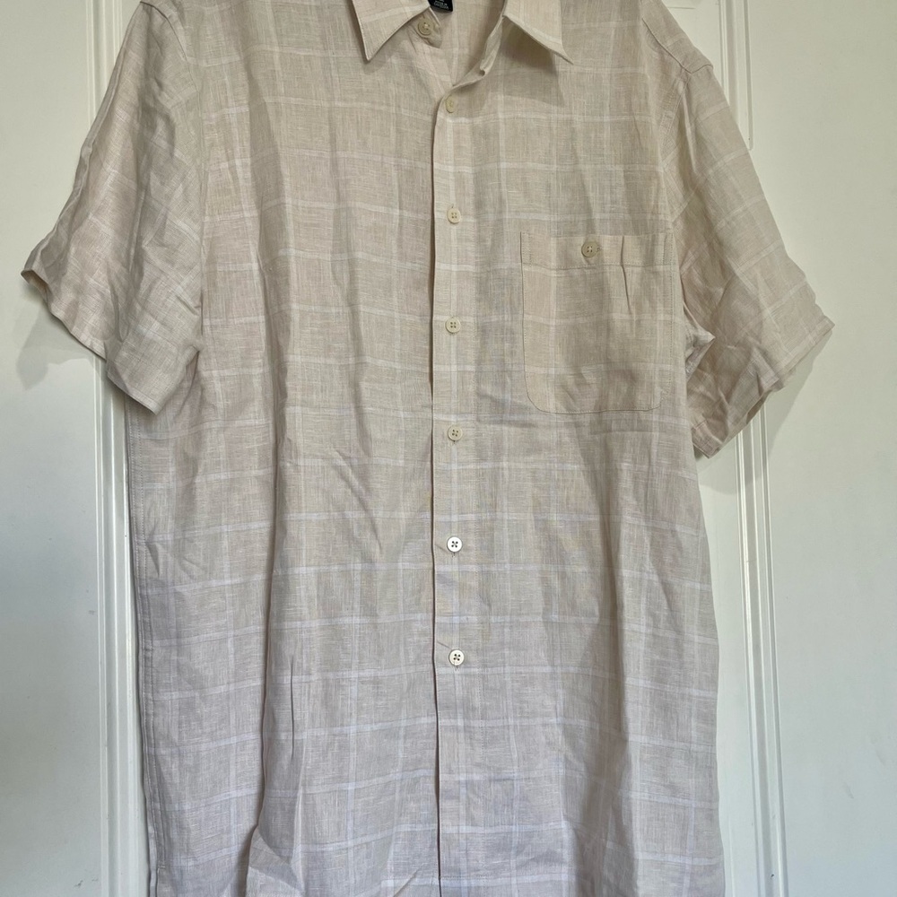 Marc Edwards Tan and Cream Casual Linen Button Down Shirt - Picture 3 of 5
